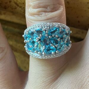 Natural Blue Apatite Moissanite Sterling Silver Cocktail Ring Size 6